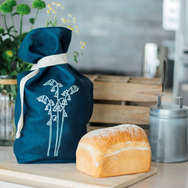 Navy Linen Bread Bag with Bluebell design from the Bluebell Collection by Helen Round