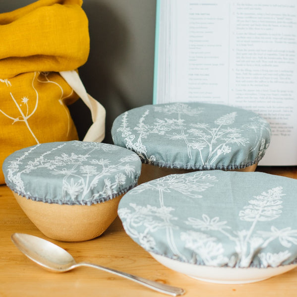 Set of Three Duck Egg Blue Linen Bowl Covers from the Garden Collection by Helen Round