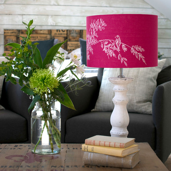 Raspberry Red Linen Lampshade from the Bird Song Collection by Helen Round