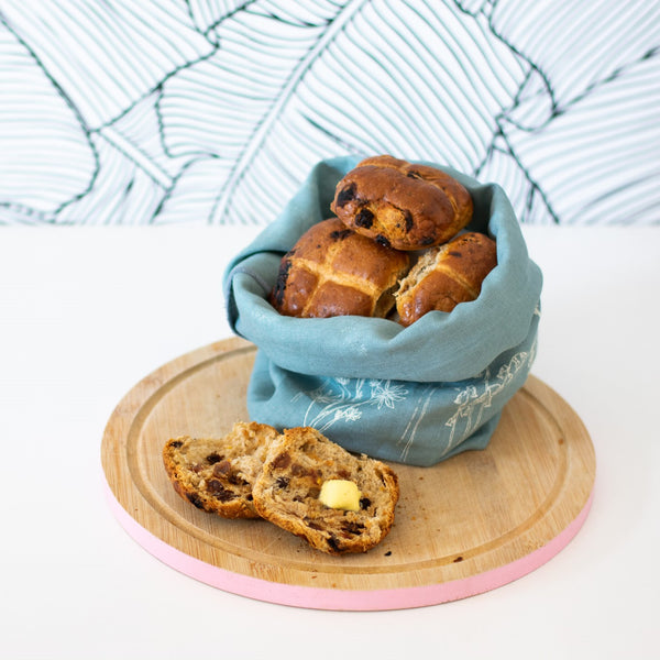 Duck Egg Blue Linen Bread Bag with floral design from the Garden Collection by Helen Round