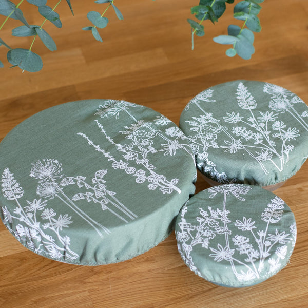 Sage Green Linen Reusable Bowl Covers, Set of Three from the Garden Collection at Helen Round