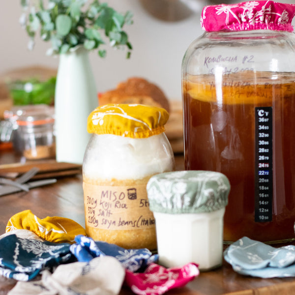 Kefir and Kombucha Jars covered with Small Linen Jar Covers from Helen Round