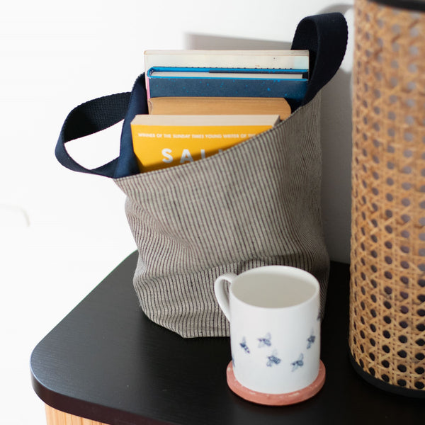 Books stored in Striped Linen Fabric Storage Pot with Handles