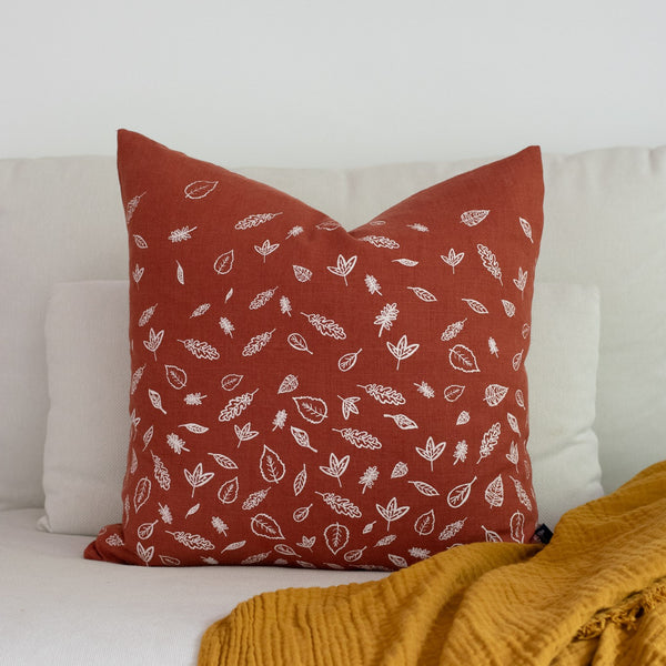Leaf Cushion in Rust Coloured Linen from the Leaf Collection by Helen Round