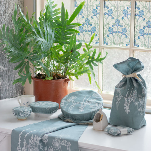 Duck Egg Blue Collection of Linen Kitchen Accessories including bowl covers, bread bags and tea towels from Helen Round