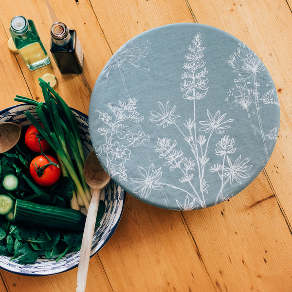 Duck Egg Blue Linen Large Bowl Cover with Salad from the Garden Collection by Helen Round