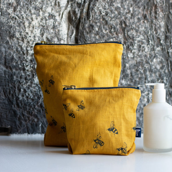 Bee Mustard Linen Toiletry Bag and Makeup Bag from the Honey Bee Collection by Helen Round