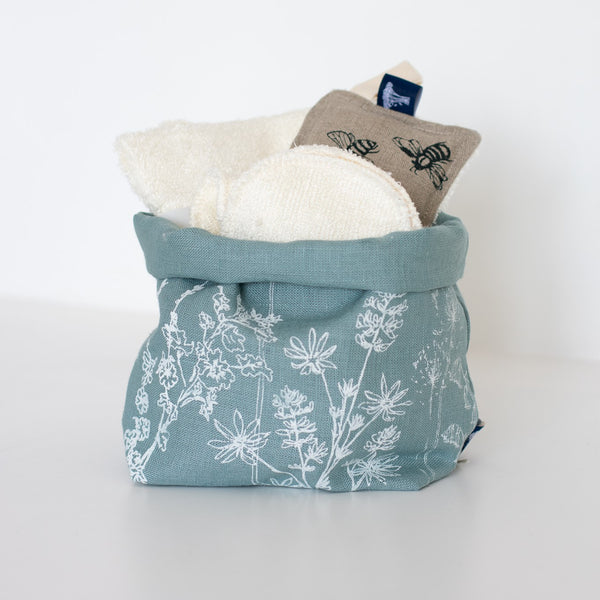 Duck Egg Blue Linen Storage Pot with Make Up Wipes, Sponge and Face Cloth from the Garden Collection by Helen Round