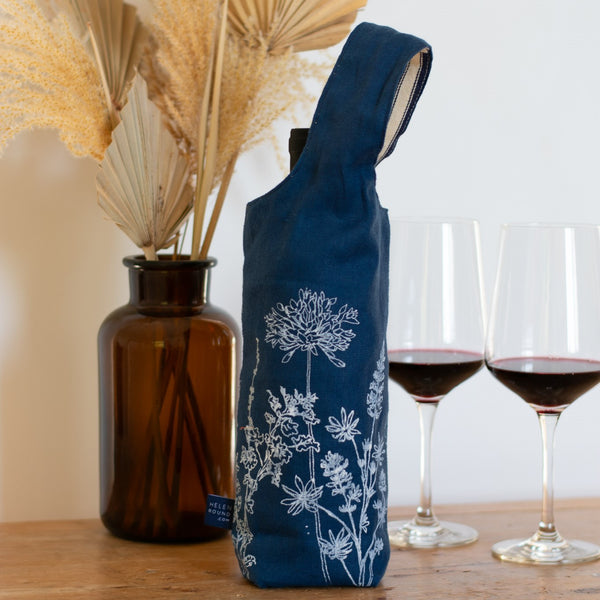 Navy Linen Bottle Bag with Ticking Lining from the Garden Collection by Helen Round