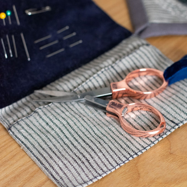 Blue Velvet Pins & Needles Pad, part of the Striped Linen Folding Sewing Kit