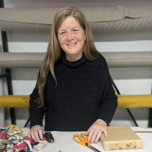 Helen Round with Fabric Off-cuts planning to make a Rose Garland