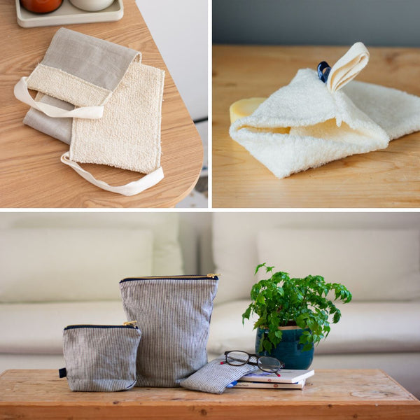 Back Scrubber, Shower Mitt, Toiletry Bag, Small Bag and Glasses Cases in Linen from Helen Round