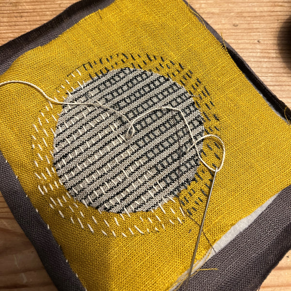 Mustard and Slate Grey Coaster with Striped Centrepiece