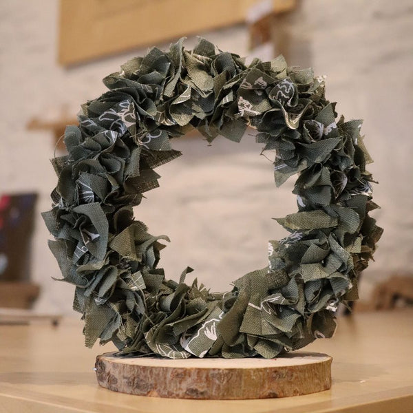 Green Linen Wreath Using A Metal Ring and Off Cuts From Helen Round Linen