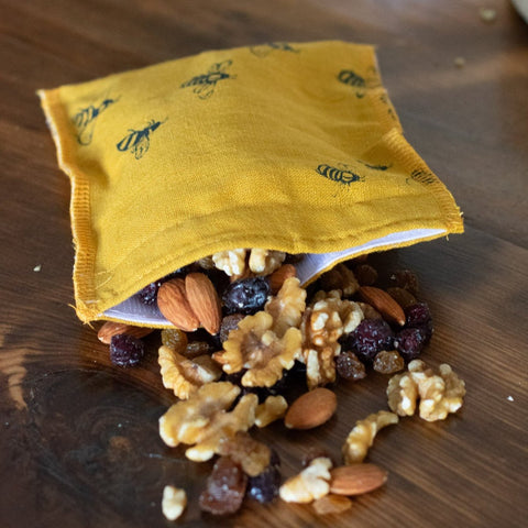 bee snack bag in mustard linen