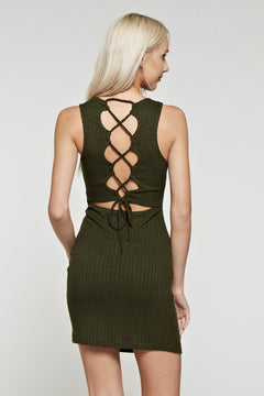 Olive Green Back Lace Up Tie Mini Dress