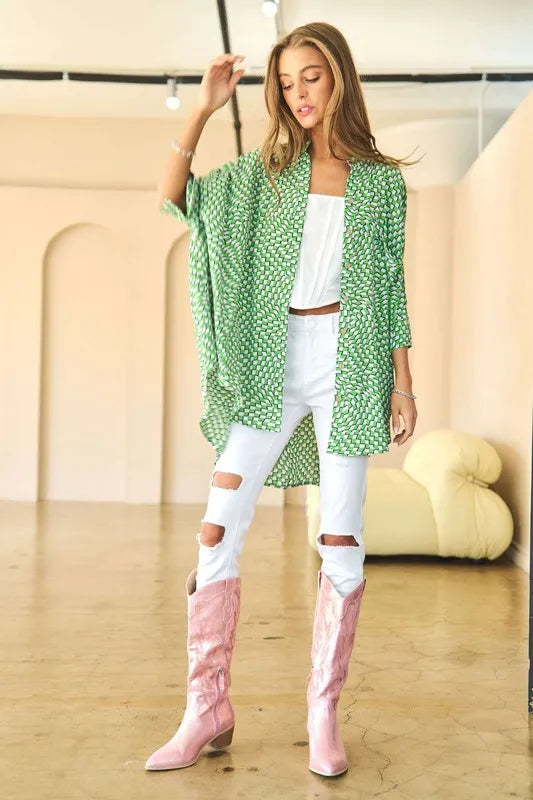 Davi & Dani Geo Printed Relaxed Fit Flowy Button Down Shirt