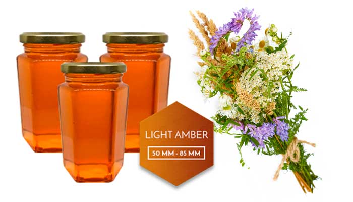 Some Wildflowers, and a hexagon demonstrating the light Amber honey tone.