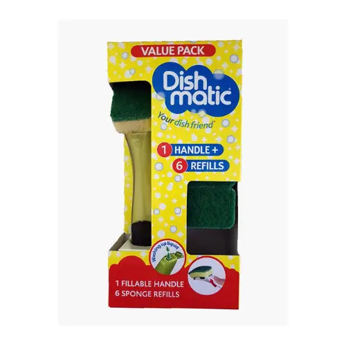 Dishmatic Fillable Handle And 6 Green Sponge Refills