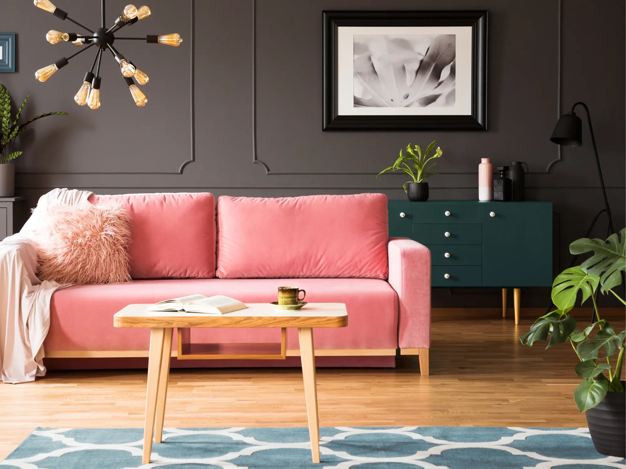 Pink and grey living room accessories