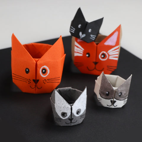 orange, black and gray origami cat dishes