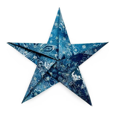 blue origami stars folded out of gel printed washi paper