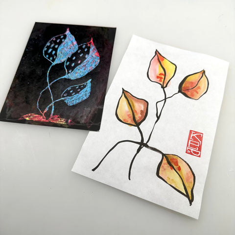 sgraffito leaves drawing and gansai ink painting