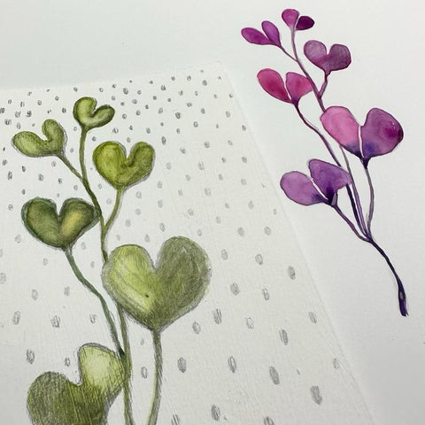 abstract green and purple flora watercolor paintings on mineral paper and gesso prepared paper with silverpoint accents
