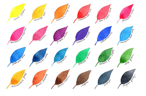 24 watercolor swatches in the shape of leaves