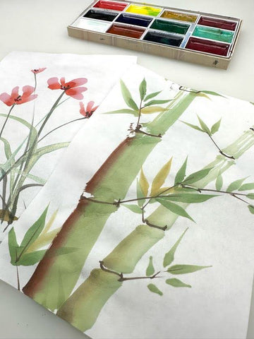 gansai bamboo painting and gansai orchid painting with gansai watercolor set in the background