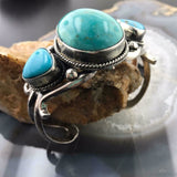 Native American Sand Cast Sterling Silver Three Turquoise Bracelet For Women