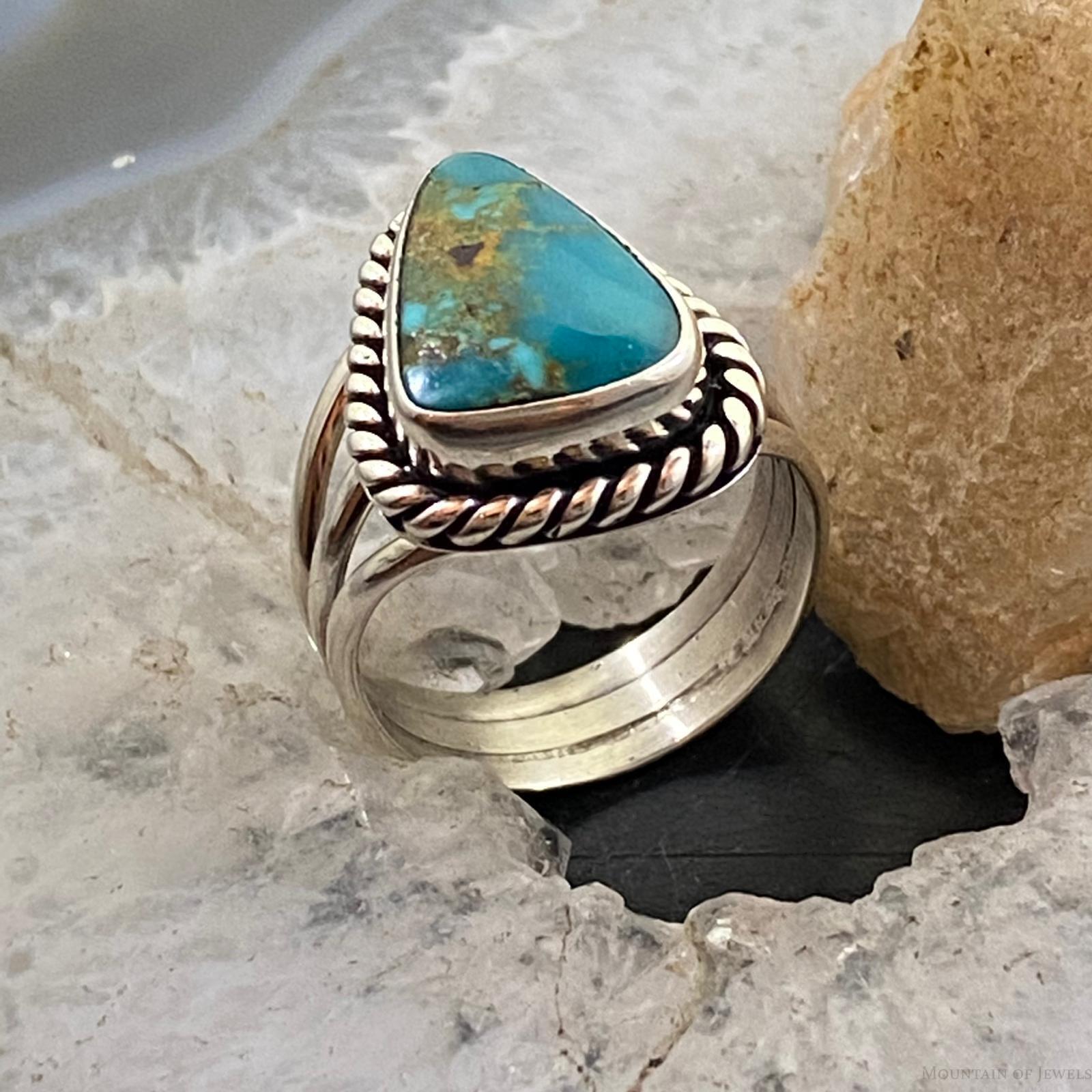 Native American Sterling Triangle Sonora Gold Turquoise Ring Size 8.5 For Women - Mountain Of Jewels
