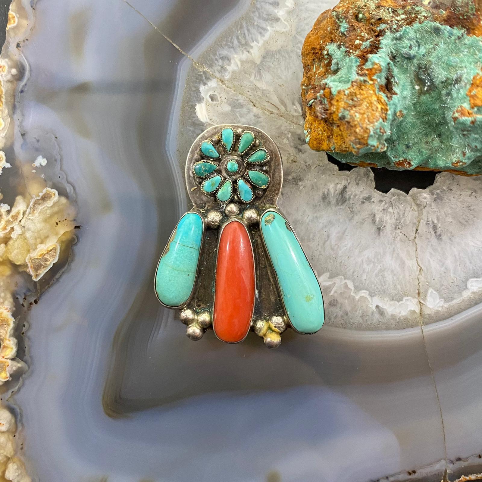 Vintage Native American Silver Turquoise & Coral Unique Brooch/Pendant - Mountain Of Jewels