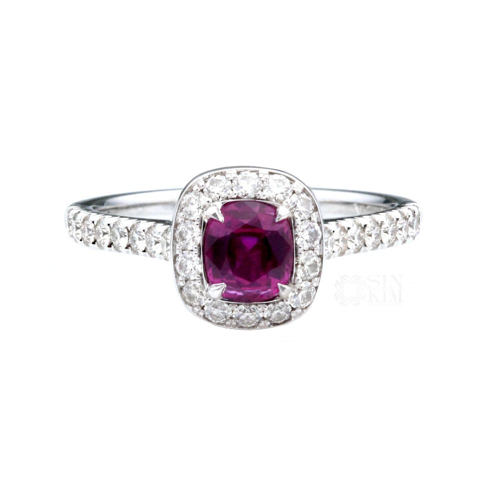 image for Alessandra Ruby and Diamond Cushion Cut Halo Engagement Ring