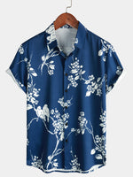 Men's Floral and Bird Print Casual Holiday Short Sleeve Lapel Navy Blue Shirt