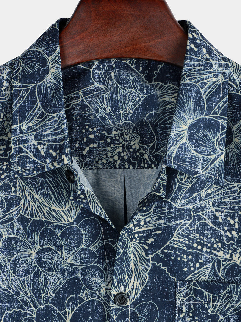 Men's Retro Floral Print Pocket Vacation Short Sleeve Vintage Flowers Navy Blue Shirt