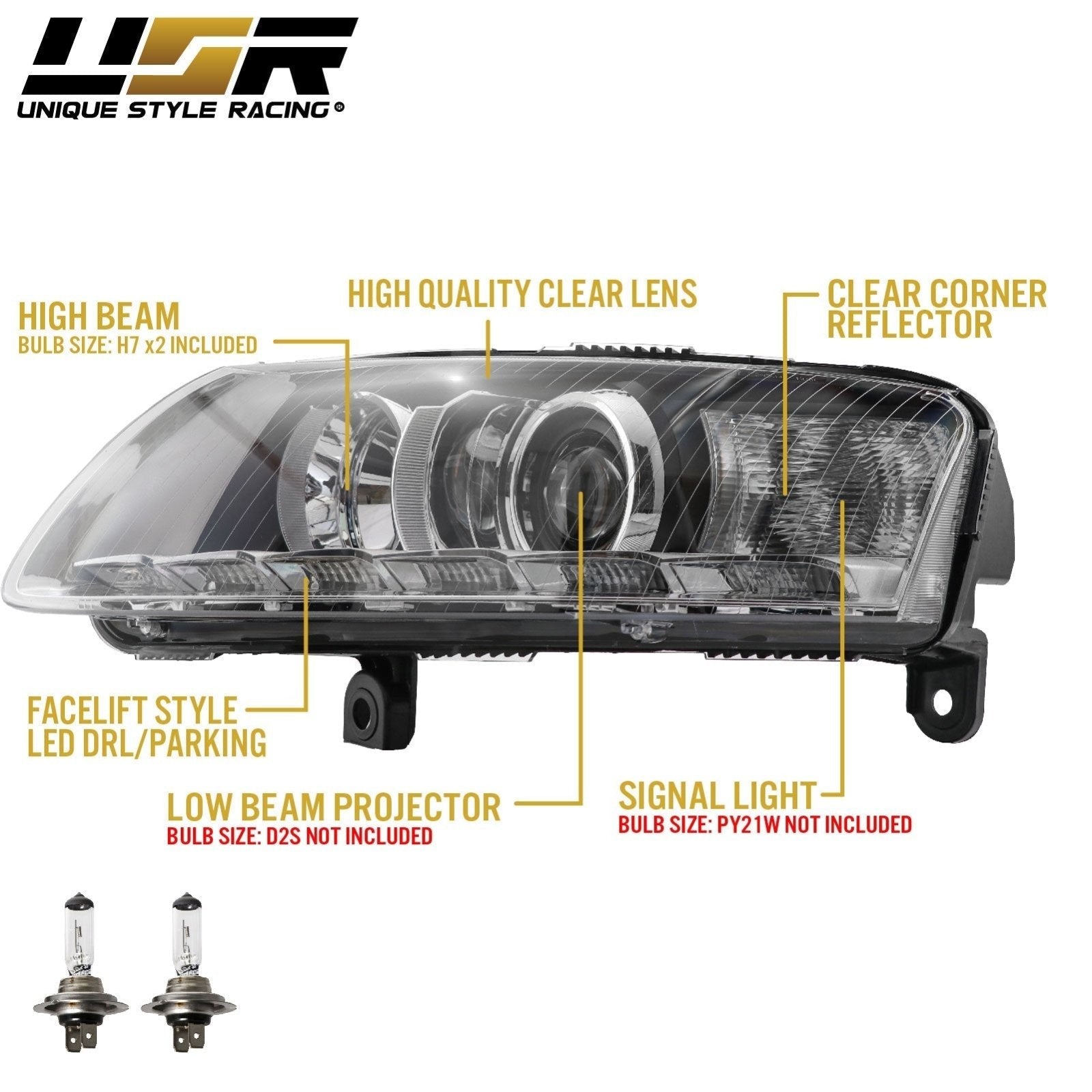 2005-2008 Audi A6 / S6 / RS6 C6/4F 4D Sedan & 5D Wagon For Xenon Model Facelift '09'11 Style LED Strip Projector Headlight