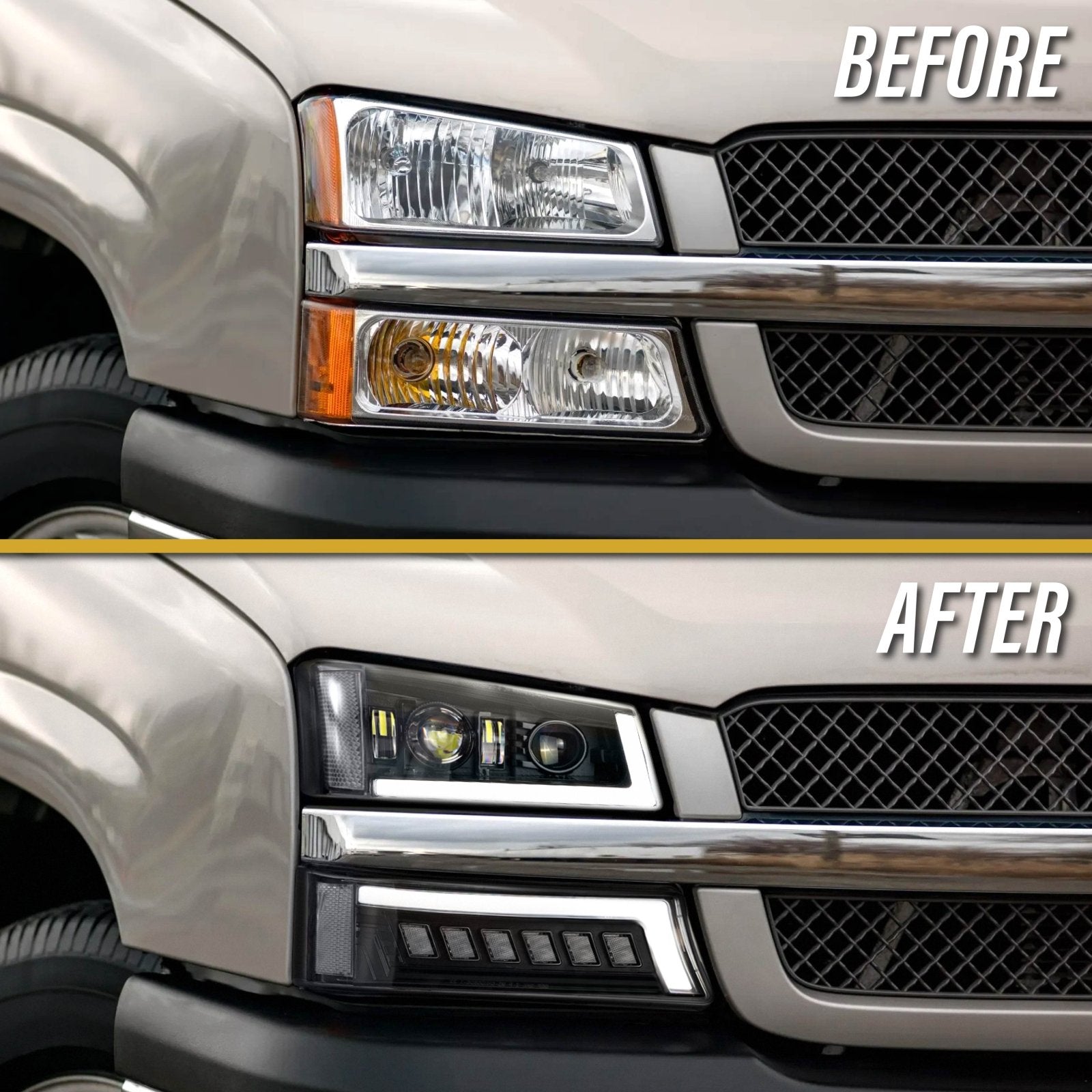2003-2006 Chevrolet Chevy Silverado Full LED Black Housing All Clear Lens Projector Headlights 4PC Set with LED Turn Signals and Clear Reflectors
