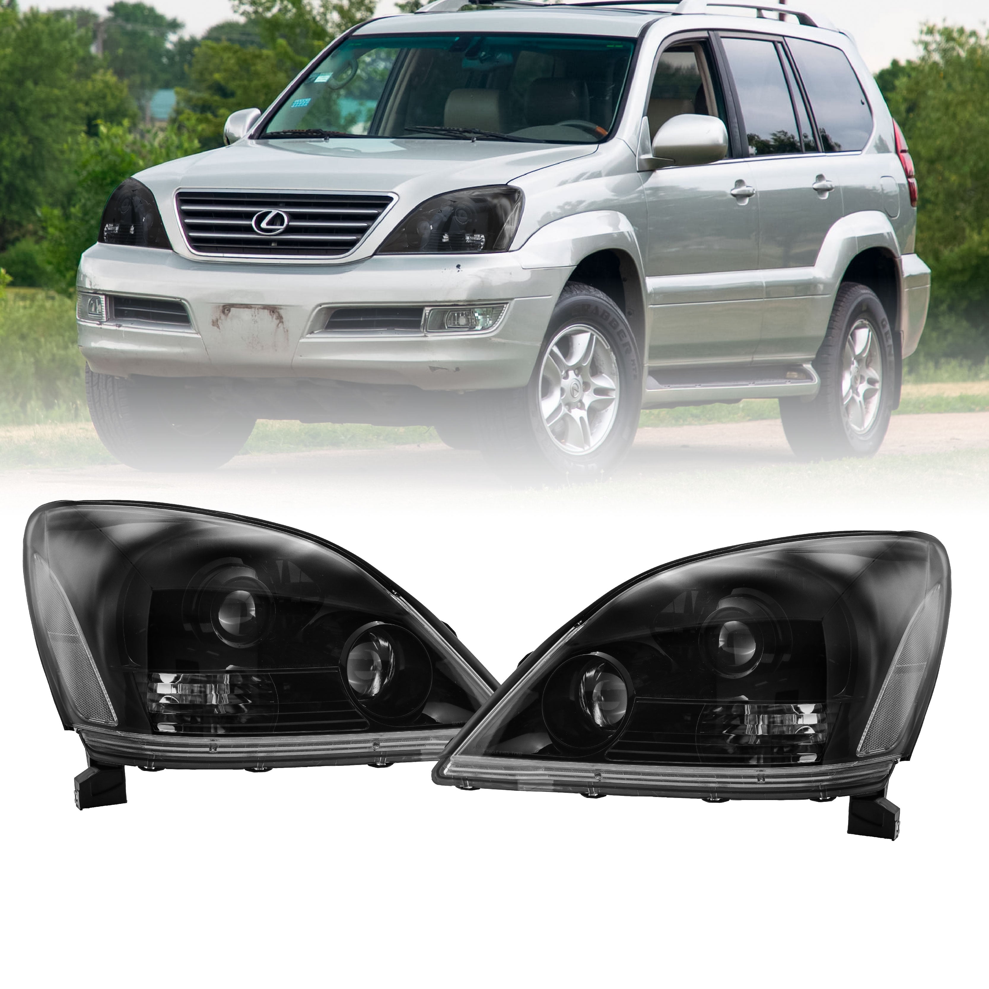 2003-2009 Lexus GX470 Gloss Black Housing with Clear Reflector Headlight