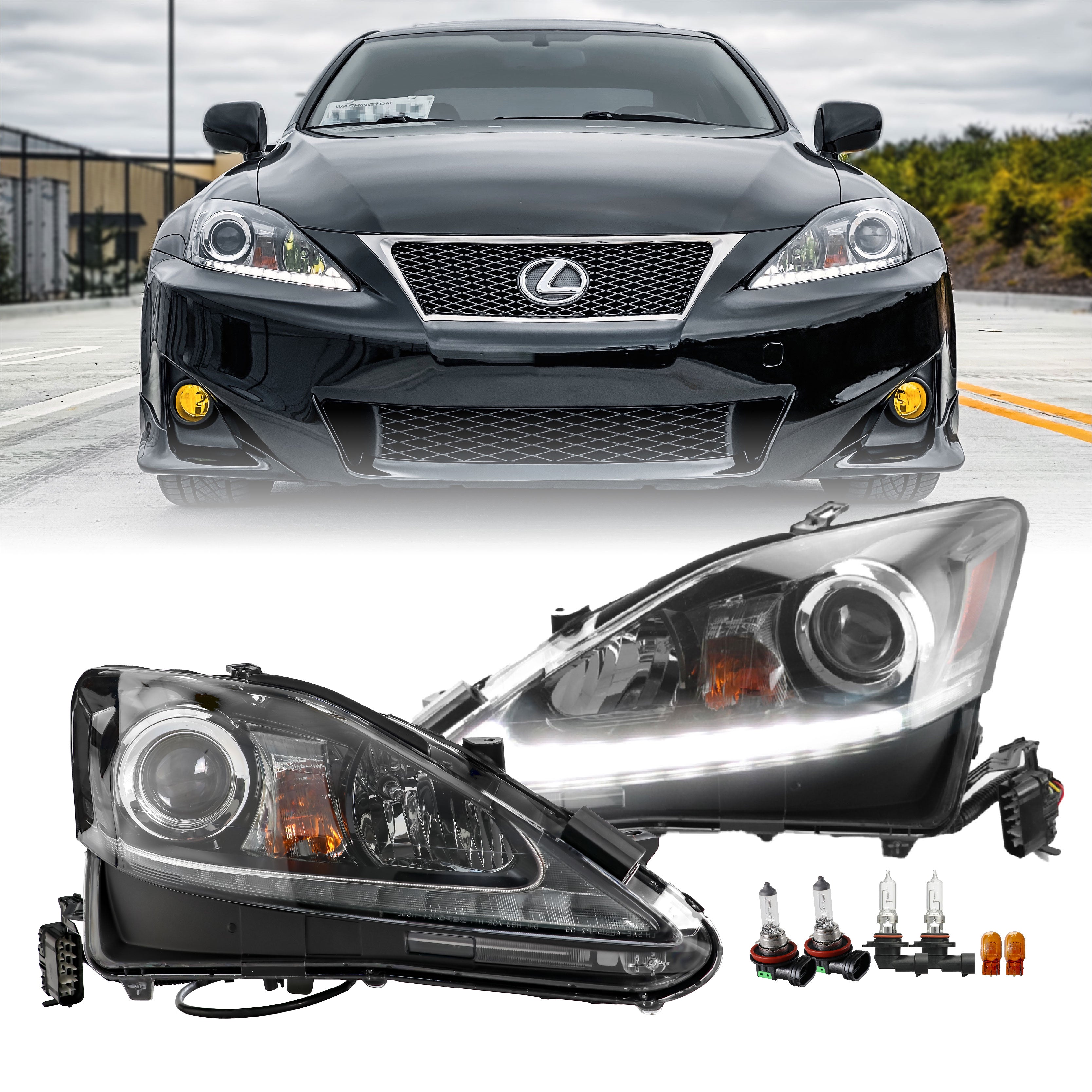 2006-2013 Lexus IS250 IS350 ISF USR Edition Daytime Visible DRL LED Check Mark Black Projector Headlight