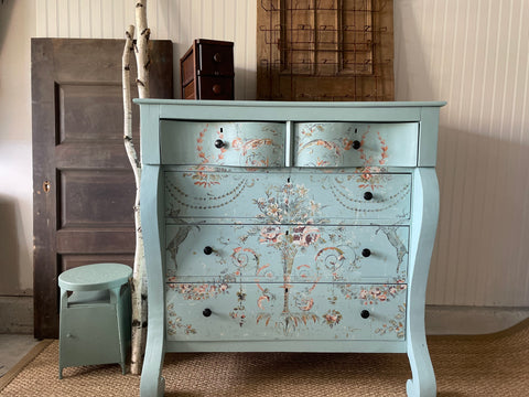 Empire dresser painted in French Blue by Farmhouse Paint and Iron Orchid Design Paint inlay was used. Chateau Paint inlay by IOD 