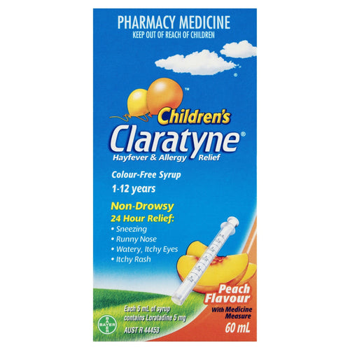 Claratyne Children's Hayfever & Allergy Relief Antihistamine Peach Flavoured Syrup 60mL
