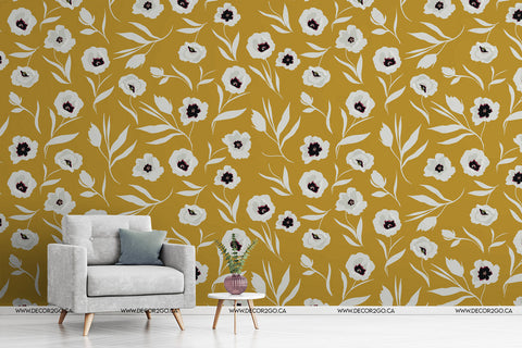 Bold yellow wallpaper white floral