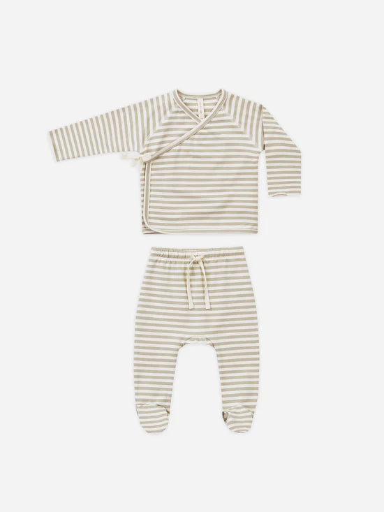Quincy Mae Wrap Top + Footed Pant Set Ash Stripe