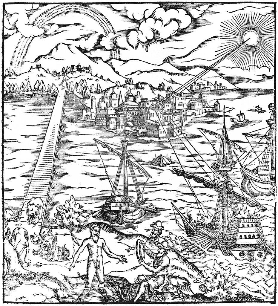 An illustration of Ibn al-Haytham's book Thesaurus opticus depicting Archimedes' burning mirrors in act against the Roman Fleet