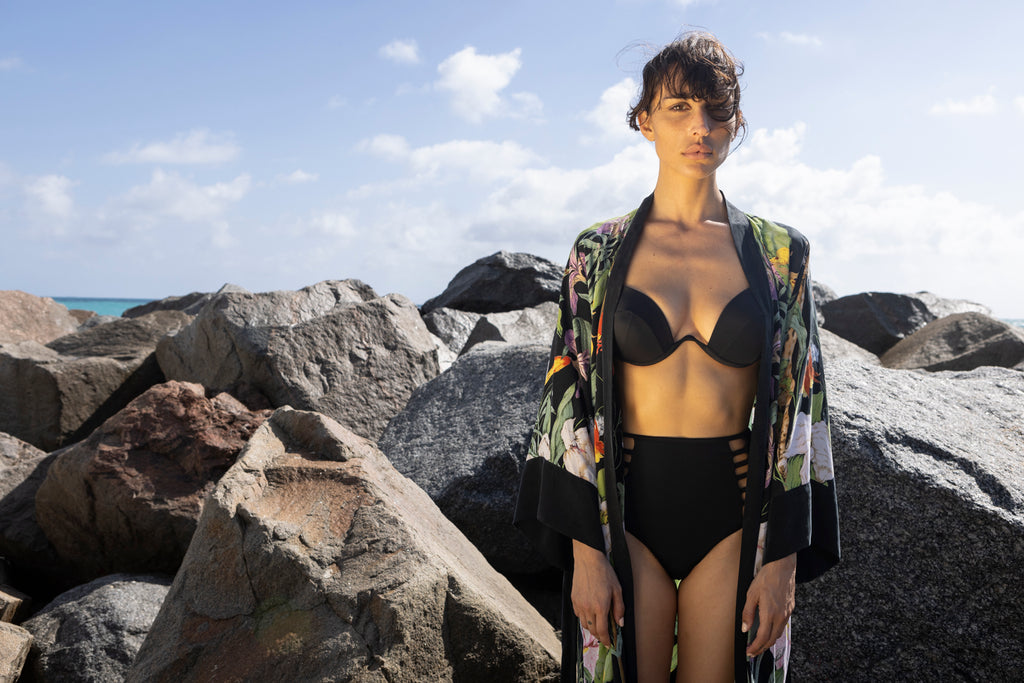 Model at beach in Monroe Kimono