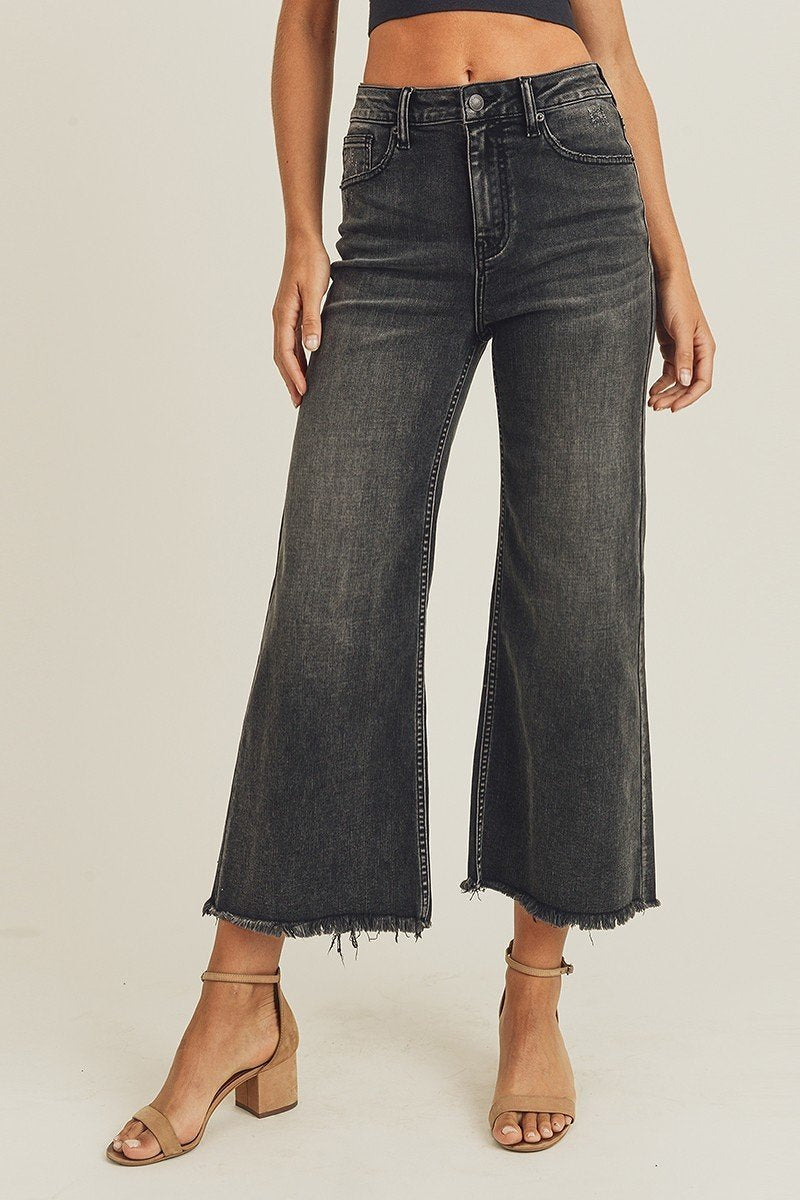 High Waist Frayed Ankle Wide Jeans