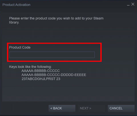 Introduce el "Código de producto" para canjear el código y activar la clave de Steam de Assetto Corsa.