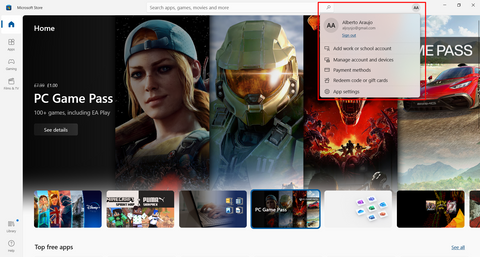Menu del profilo del Microsoft Store.
