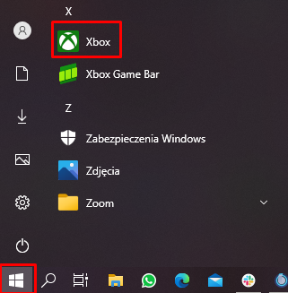 Selecionar "Xbox" no menu Iniciar.